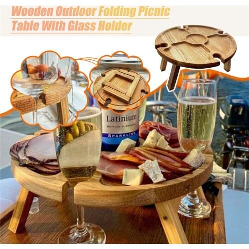 Original Wooden Outdoor Tables Folding Picnic-Table With Glass Holder 2 In 1 Wine Glass Rack Outdoor Wine Table Wood Table