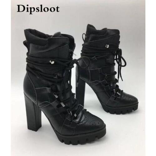 Fall 2017 New Luxury Brand Women Black 130 mm Rope Lace-up Leather Platform Ankle Boots High Heel Short Booties Size 35-42
