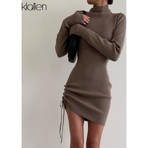 KLALIEN Autumn New Sweater Dress Women Long Sleeve Turtleneck Knit Solid Slim Drawstring Bodycon Dress Thicken Warm Streetwear