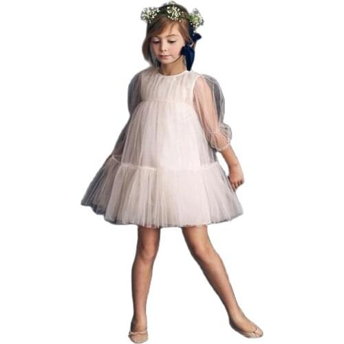 Simple Puffy Layer Flower Girl Dresses Illusion Long Sleeves First Communion Dresses Tulle Ruffles Ball Gown Birthday Dress