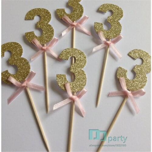 Gold Glitter Number Three Cupcake Toppers with Pink Bow, Gold 3rd Birthday Cake Toppers, Wedding Anniversary Cake Toppers