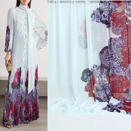 100X145cm Fashion Week Purple hydrangea Printed Chiffon Fabric For Woman Summer Dress Blouse Tissu Tela Хлопок материал DIY