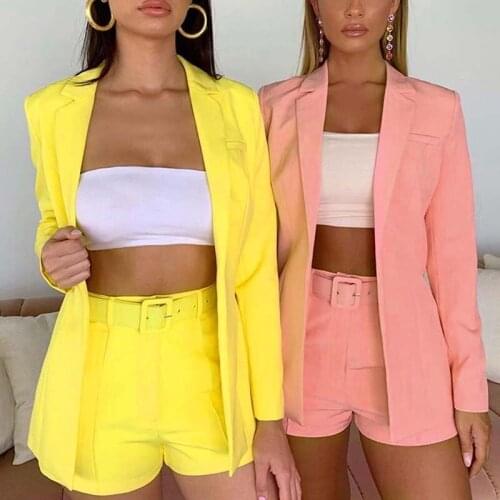 New Women Blazer Sets Long Sleeve Cardigan Shorts Suits Blazer Suits Solid Color Blazer Coat 2pcs Slim Fashion Female Outfits