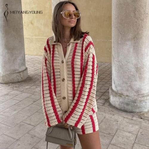 MEIYANGYOUNG Red Stripe Knitted Cardigan Women Long Sleeve Autumn Winter Sweater Top Fashion Y2K Casual V Neck Oversized Jumper