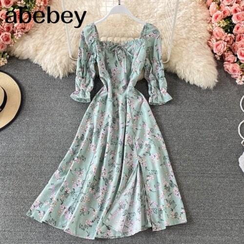 2021 New Summer French square collar long sleeve Dress high waist pleated waist lace up bow floral mid-length split Dress