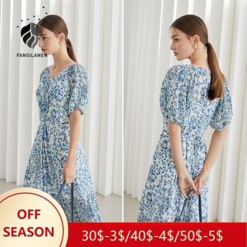 FANSILANEN Office Lady Puff Sleeve Chiffon Floral V-neck Zipper Dress Gentle Style French Long Skirt Women 2021 Summer NEW