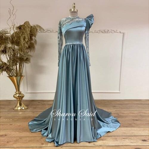 Blush Pink Long Sleeve Muslim Evening Dresses Luxury Beaded Dubai Women Formal Party Gowns 2021 Blue Arabic Wedding Guest Dress