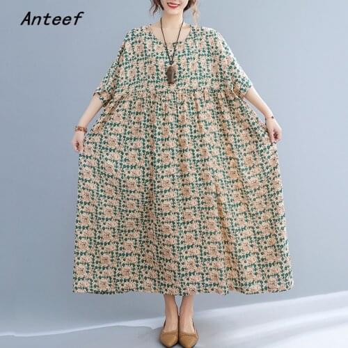 Short sleeve cotton vintage floral dresses for women casual loose long woman summer dress elegant clothes 2021