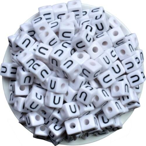 50PCS/Lot 10*10MM Cube Acrylic Letter Beads White with Black Single Initial U Printing Plastic Square Alphabet Beads