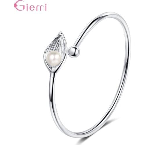 New Arrival Female 925 Sterling Silver Leaves Pearl Bangle Bracelet for Women Girl Jewelry Gift Party Supplies Bijoux