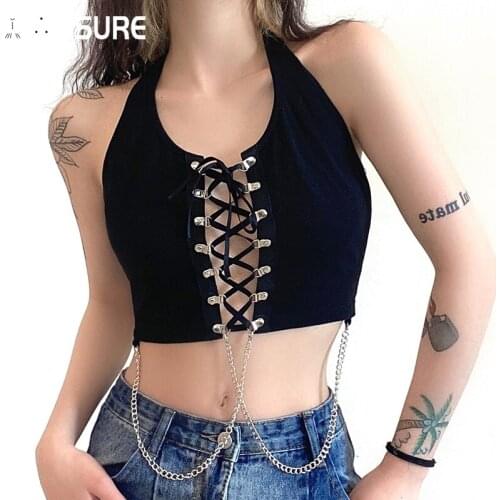 IAMSURE Sexy Bandage Chain Halter Top Sexy Slim Backless Sleeveless Crop Tops Women Night Club Wear Casual Streetwear Tank Top