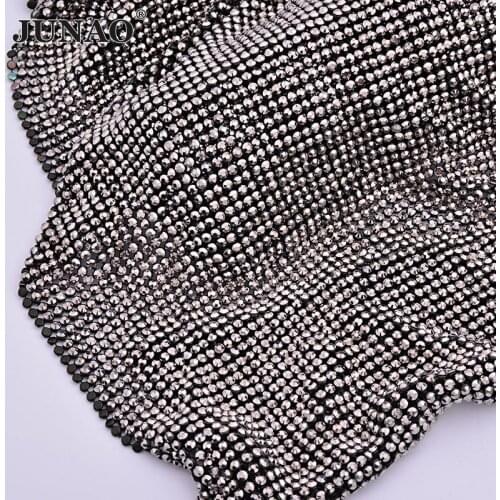 JUNAO 45*120cm Black Gold Crystal Mesh Fabric Rhinestone Applique Aluminum Metal Trimming Resin Strass Ribbon for Dress Crafts