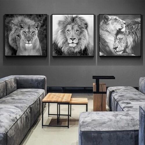 Wild Black and White Lions Animals Landscape Art Canvas Painting Poster Wall Art Pictures Cuadros Living Room Bedroom Decor Gift