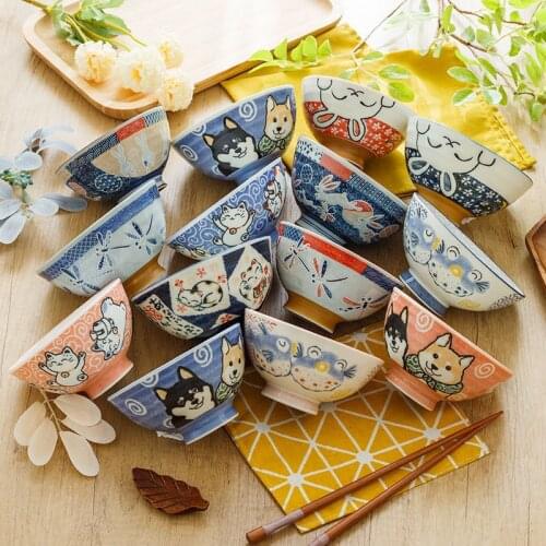 Cartoon Animals Ceramic Rice Bowl Cute Cat Puffer Fish Rabbit Underglaze Tableware Kitchen Accessories Ceramic Bowl