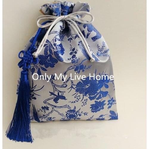 Chinese knot Tassel Extra Large Silk Brocade Bag Drawstring Craft Bags Gift Pouches Suede lining Jewelry Storage Bag 20x25cm