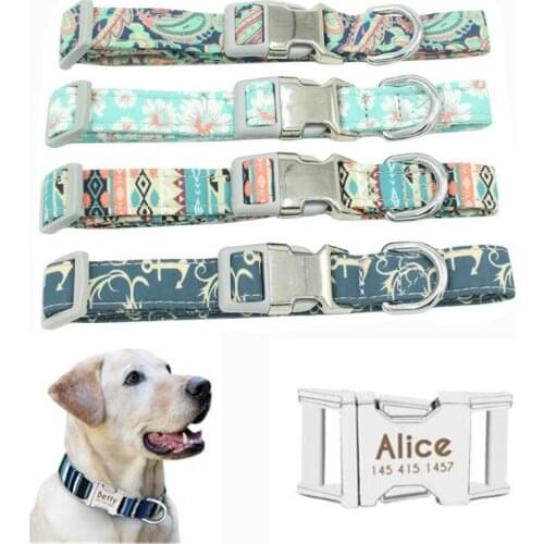 Personalized Adjustable Colorful Nylon Cloth Pet Collar For Medium Large Dogs Engraved Metal Buckle Dog Products Pet Tags