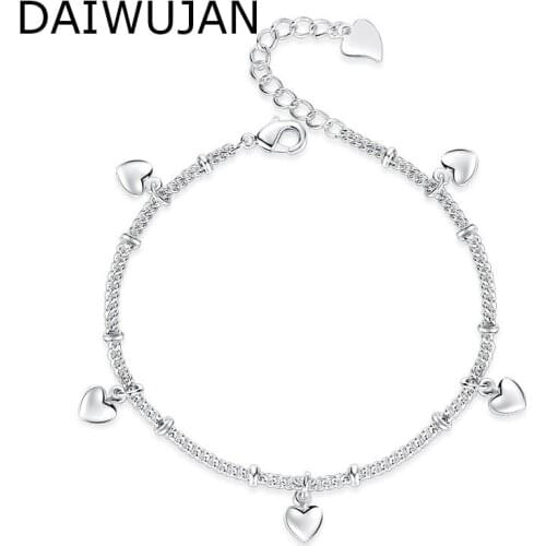 DAIWUJAN Heart Pendant 925 Sterling Silver Bracelet Romantic Beads Link Chain Bracelets For Female Women Engagement Jewelry Gift