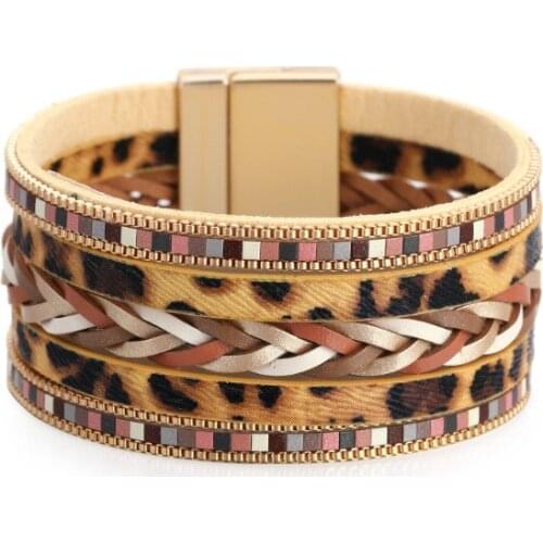 ORNAPEADIA Popular Multi-layer Leather Woven Leopard Pattern Magnetic Buckle Wide Side Bracelet Fashion Personality Bracelet