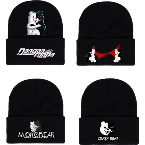 Anime Dangan Ronpa Beanie Knitted Hat Cartiib Black White Bear Unisex Cotton Props Winter Warm Cap Crown Design Knit Cap