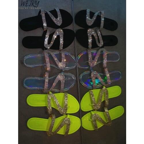 2020 New Summer Women Crystal Slippers Glitter Flat Bling Female Candy Color Flip Flops Outdoor Ladies Slides Hot Beach Shoes