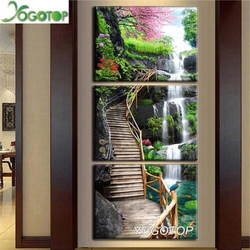 YOGOTOP triptych Diy Diamond embroidery 5d diamond painting full drill mosaic Art Forest Ladder waterfall nature landscape ML763