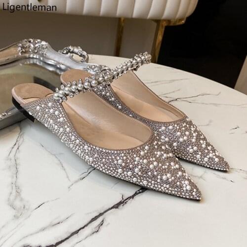Pearl Slippers Shoes Women Basic 2021 Summer Flock Shiny Rhinestones Pointed Toe Flats Pearl Slippers Fashion Party Women Shoes