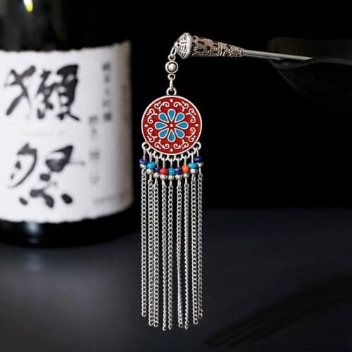 Vintage Round Flower Hair Sticks For Women Boho Indian Sliver Color Chain Tassel Hairpin Jewelry Gifts