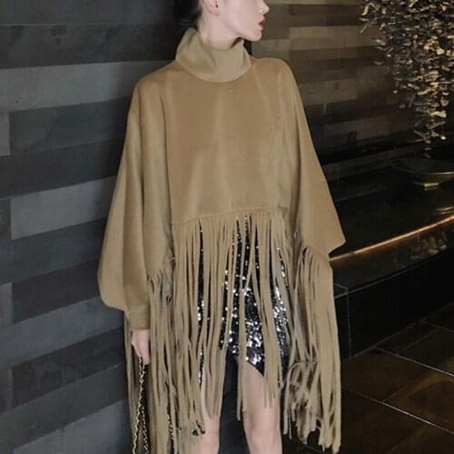 Flectit Women Fringed Cape Faux Suede Long Sleeve Turtleneck With Tassel Pullover Cape Coats Jackets 2021 Trends