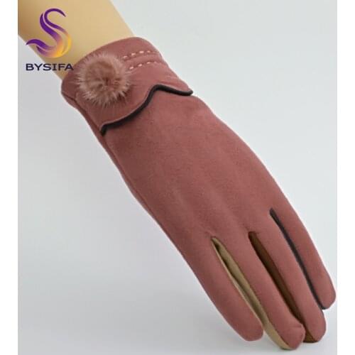 [BYSIFA] Ladies Suede Gloves Winter Colorful Mittens Gloves Plus Velvet Warm Mink Ball Women Gloves Camel,Gray,Black,Navy Blue