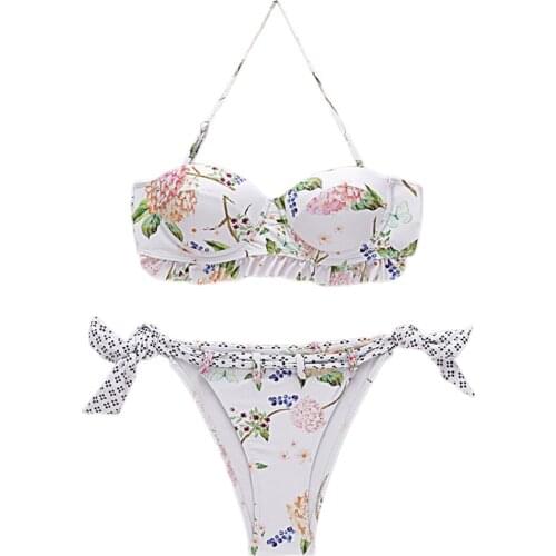 AA Women Floral Print Swimming Costume Two-piece Bathing Suit Lace-up Halter Top Womens Bikini Ladies Beachwear Swimwear Biquini