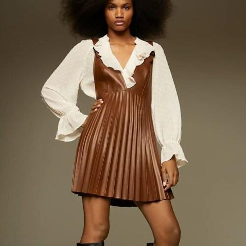 2021Women PU Leather Pleated Dress Mini Bodycon Sleeveless Dress Suspender Buckle Fashion Sundress Streetwear