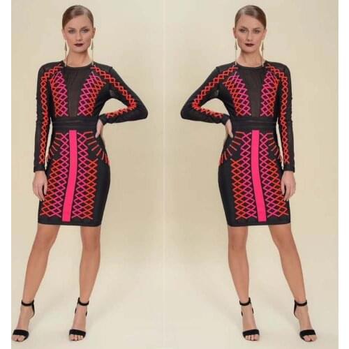 Black Long Sleeve Perspective Patchwork 2020 Womens Rayon Knitted Autumn Cross Straps Sexy Bodycon Mini Bandage Dress