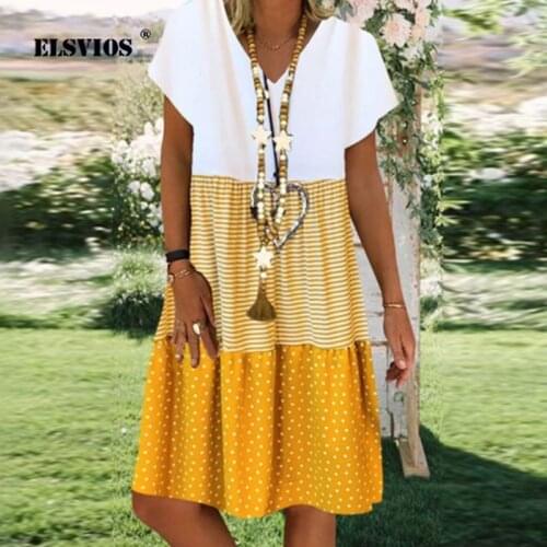 Vintage V-neck Striped Dots Print Party Dress Women Spring Summer Short Sleeve Dress Elegant Plus Size Patchwork Casual Dresses
