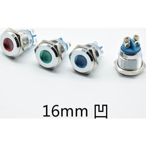 16mm LED Metal Indicator light Flat waterproof Signal lamp 6V 12V 24V 220V screw connect red yellow blue green white