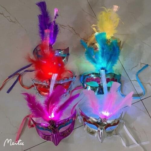 20pcs LED Masks with Feathers Mardi Gras Optical Fiber for Adult Men Women Costume Mask for Masquerade Festival Party Supplies