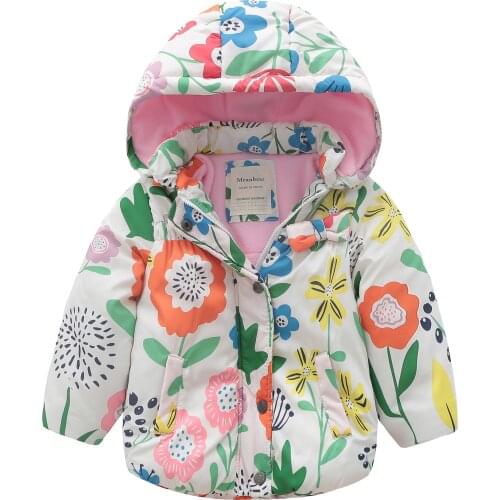 2021 Autumn Winter Girl Jackets Cartoons Flowers Printing Children Fleece Coat Thick Warm Windproof Hooded Outerwear 2-7 Years