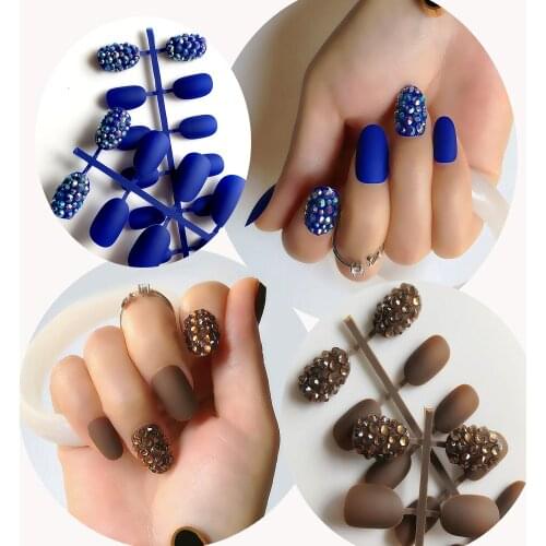 24 Pcs fashionable fake nails girl Royal Blue DIY water drill Nail Art Tips unique style design creates short press flase nail