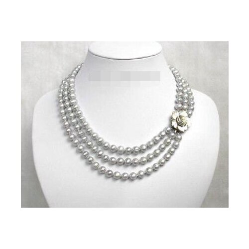 3row 8mm silver-gray freshwater pearls necklace seashel