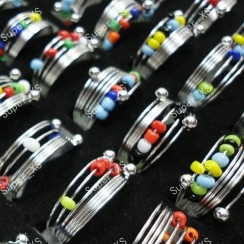 40Pcs Fashion Colorful Beads iron Spring Rings For Women Boys Girls Whole Jewelry Bulk Lots LR189