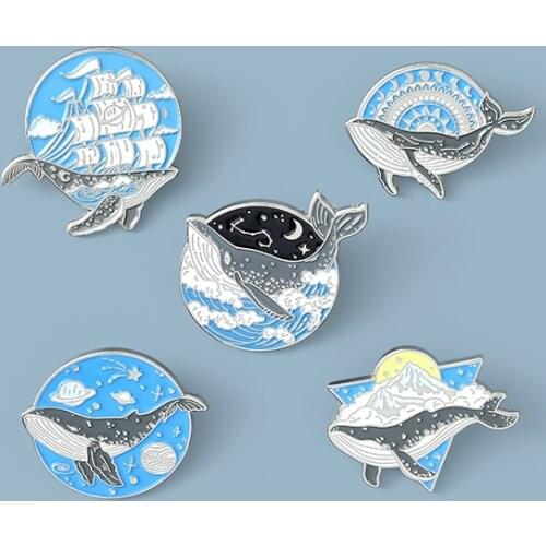 New cartoon animal whale creative sailing planet ocean wave brooches enamel pins badge for friends
