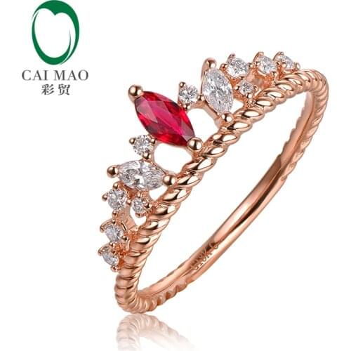 Caimao Solid 14kt Rose Gold Natural Marquise Red Ruby H SI Diamond Crown Engagement Ring for Anniversary