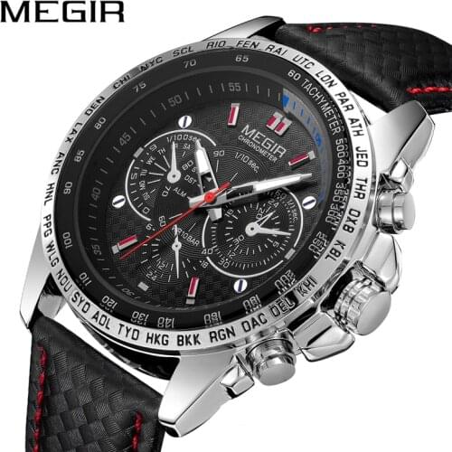 MEGIR Sport Mens Watches Top Brand Luxury Quartz Men Watch Fashion Casual Black PU Strap Clock Men Big Dial Erkek Saat 1010