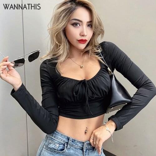 WannaThis Ruched T-Shirts Long Sleeve O-Neck Lace up Solid Crop Top Womens Autumn New Slim Elastics Sexy Fashion Cropped Tshirt