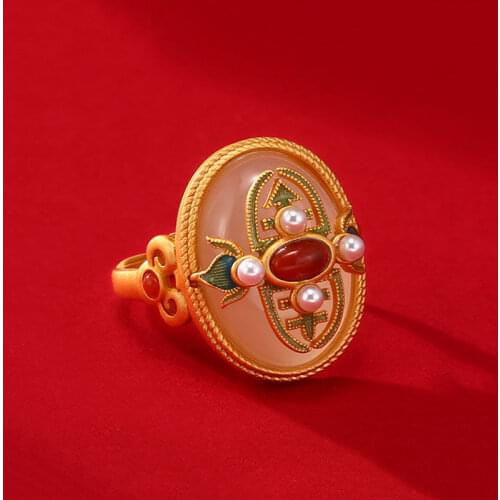 Gong Dian Painted Enamel Natural Hetian Jade Ring S925 Sterling Silver Bracelet Expensive Retro Elegant Ring Ornament Women