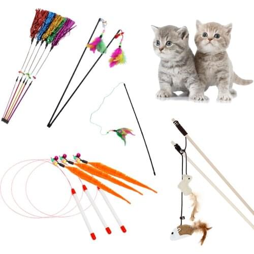 Pet Cat Teaser Toys Feather Linen Wand Cat Catcher Teaser Stick Cat Interactive Toys Wood Mouse Toy With Mini Bell