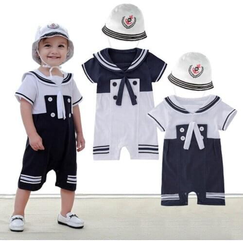 Baby Boy Rompers Bebes Clothing Set Sailor Short Sleeve Navy Suit Baby Boy Clothes Costume Jumpsuit Romper + Hat