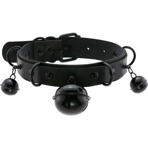 Trendy Punk PU Leather Choker Necklace Black Metal Bell Chocker Collar Necklace Harness Bondage Gothic Costume Jewelry Harajuku
