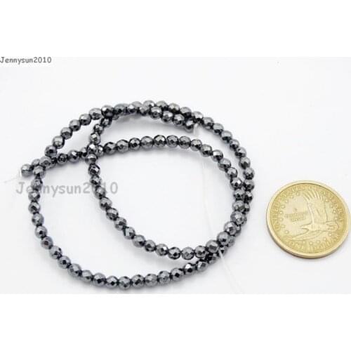 Natural Hematite Gems Stones 4mm Faceted Round Spacer Loose Beads 15'' Strand for Jewelry Making Crafts 5 Strands/Pack
