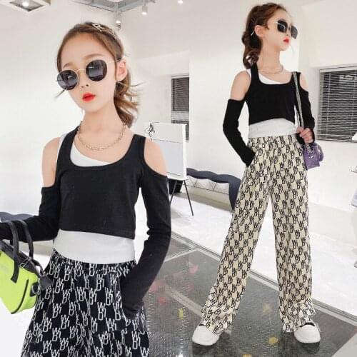 Girls Bottoming Shirt Strapless Dancing T-shirt Kids Spring Long-Sleeved Short Top 2021 Girls long-sleeved Top +Flare Pants Set