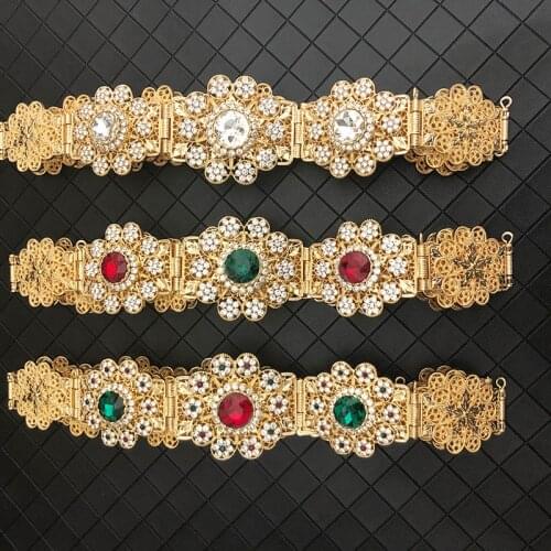 Latest golden metal waist chain caftan jewelry Algerian bridal belt sparkly crystal wedding jewelry for Moroccan woman
